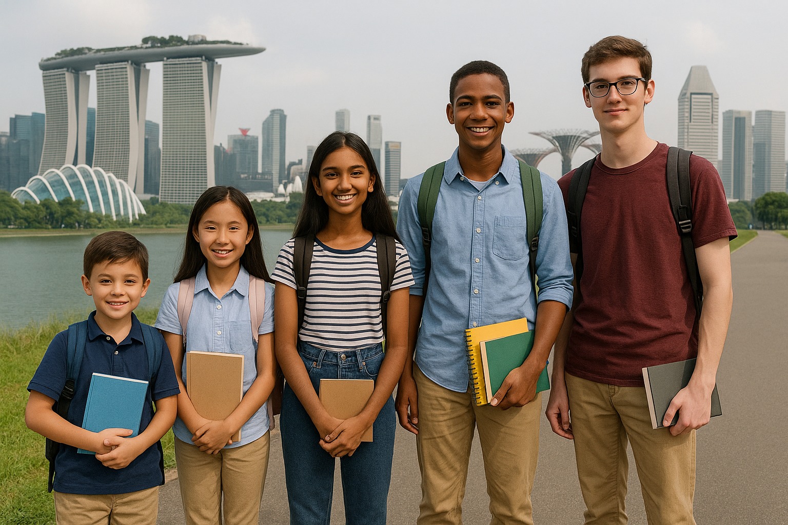 Happy students ready for school in Singapore